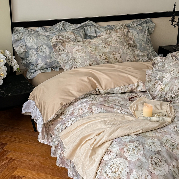 91家纺网 家纺一手货源 找家纺 窝米 2024春夏13376法式复古大花边数码款四件套系列 芙朵-粉