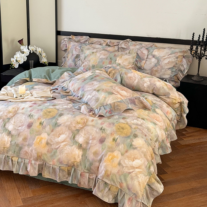 91家纺网 家纺一手货源 找家纺 窝米 2024春夏13376法式复古大花边数码款四件套系列 落梅-绿