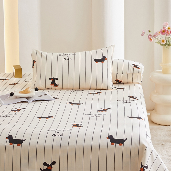 91家纺网 家纺一手货源 找家纺 怡家居 2024新款A类老粗布枕套床单床笠单品组合三件套 条纹腊肠狗