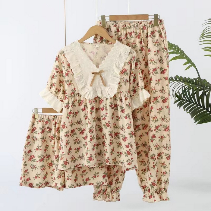 91家纺网 家纺一手货源 找家纺 （总）洛兰沙家居馆【只代发】【只代发】 2024新款温柔女碎花纯棉棉纱宽松双层纱布家居服半袖长裤三件套