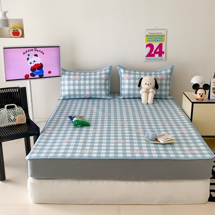 昔可家纺 2024新款冰藤席床笠款--卡通系列 蓝格蝴蝶结