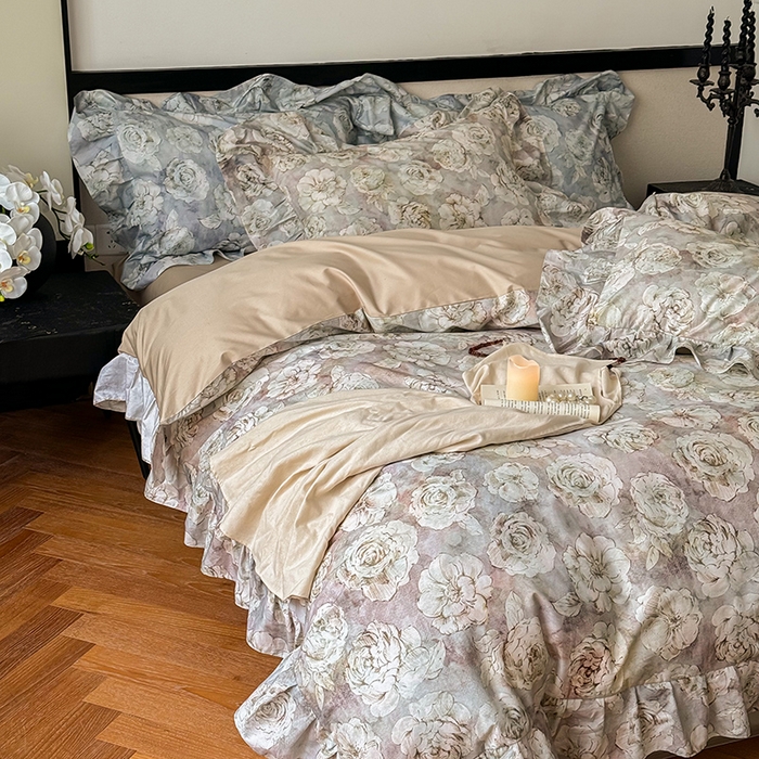 91家纺网 家纺一手货源 找家纺 窝米 2024春夏13376法式复古大花边数码款四件套系列 芙朵-粉