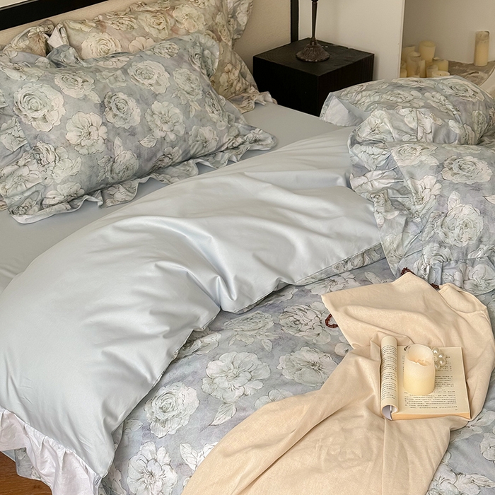 91家纺网 家纺一手货源 找家纺 窝米 2024春夏13376法式复古大花边数码款四件套系列 芙朵-绿