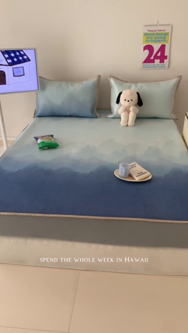 91家纺网 家纺一手货源 找家纺 昔可家纺 2024新款冰藤席床笠款--晕染系列 晕染蓝