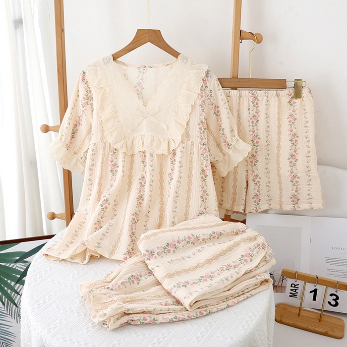 91家纺网 家纺一手货源 找家纺 洛兰沙家居馆【只代发】【只代发】 2024新款温柔女碎花纯棉棉纱宽松双层纱布家居服半袖长裤三件套 粉花纹