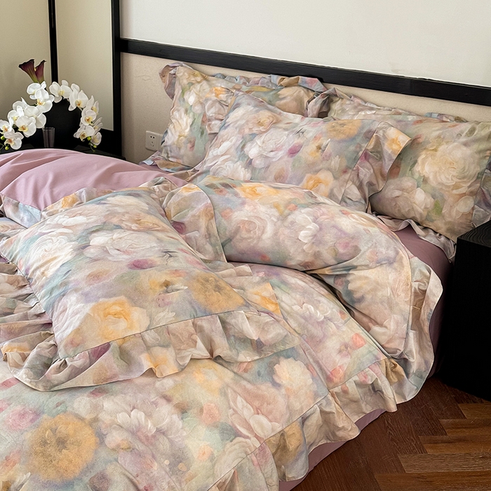 91家纺网 家纺一手货源 找家纺 窝米 2024春夏13376法式复古大花边数码款四件套系列 落梅-紫