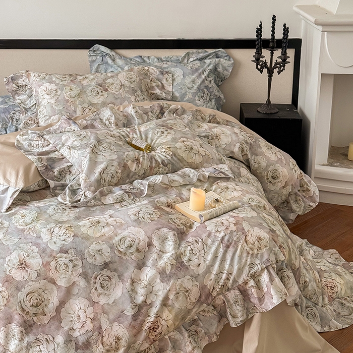 91家纺网 家纺一手货源 找家纺 窝米 2024春夏13376法式复古大花边数码款四件套系列 芙朵-粉