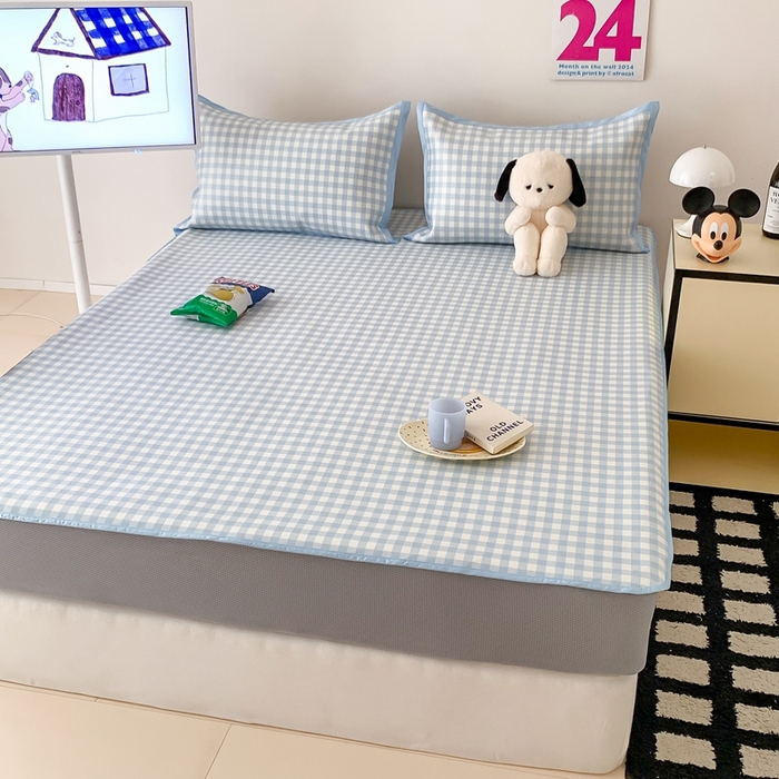 91家纺网 家纺一手货源 找家纺 昔可家纺 2024新款冰藤席床笠款--简约系列 格子蓝