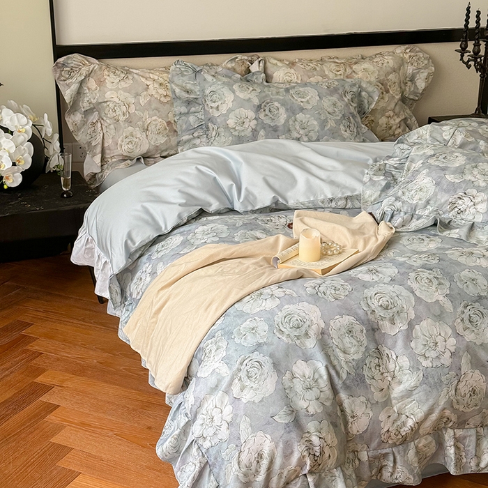 91家纺网 家纺一手货源 找家纺 窝米 2024春夏13376法式复古大花边数码款四件套系列 芙朵-绿