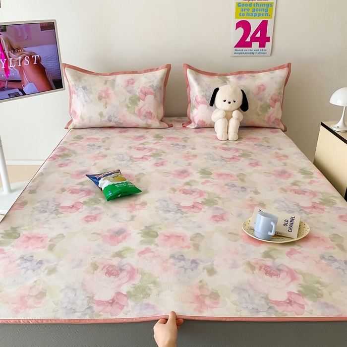 91家纺网 家纺一手货源 找家纺 昔可家纺 2024新款冰藤席床笠款--简约系列 彩色水彩花