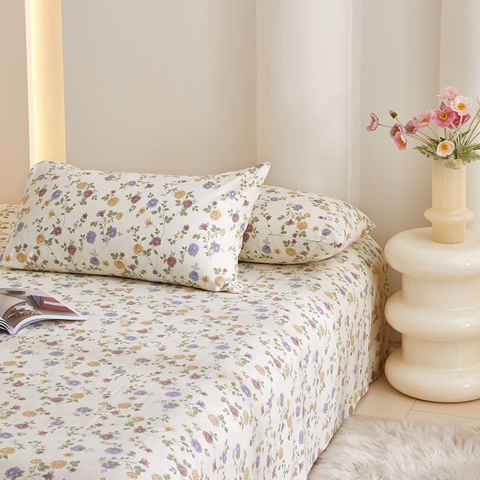 91家纺网 家纺一手货源 找家纺 怡家居 2024新款A类老粗布枕套床单床笠单品组合三件套 紫苏