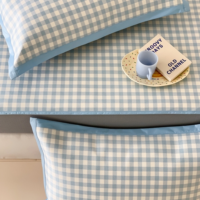 91家纺网 家纺一手货源 找家纺 昔可家纺 2024新款冰藤席床笠款--简约系列 格子蓝