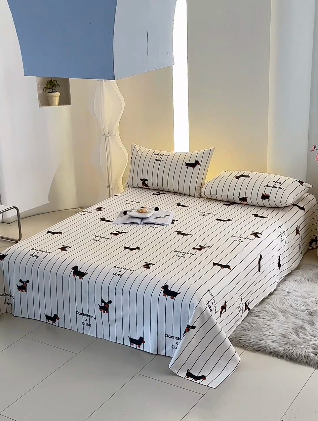 91家纺网 家纺一手货源 找家纺 怡家居 2024新款A类老粗布枕套床单床笠单品组合三件套 条纹腊肠狗