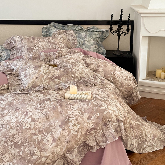 91家纺网 家纺一手货源 找家纺 窝米 2024春夏13376法式复古大花边数码款四件套系列 尘海-紫