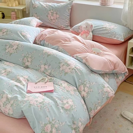 91家纺网 家纺一手货源 找家纺 （总）洺兰家居 2025年新款13372全棉印花四件套纯棉小清新北欧风花卉床单床笠款套件