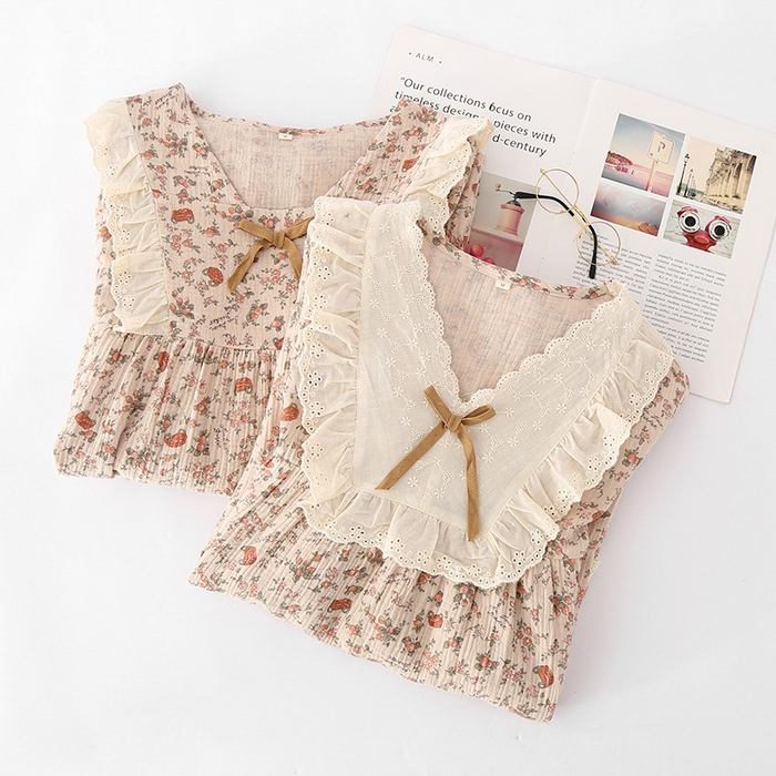 91家纺网 家纺一手货源 找家纺 （总）洛兰沙家居馆【只代发】【只代发】 2024新款温柔女碎花纯棉棉纱宽松双层纱布家居服半袖长裤三件套