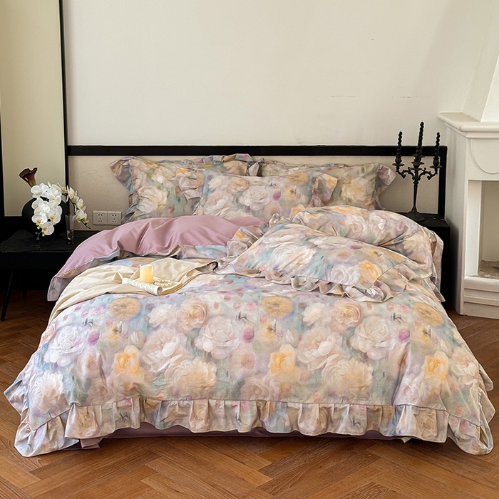 91家纺网 家纺一手货源 找家纺 窝米 2024春夏13376法式复古大花边数码款四件套系列 落梅-紫