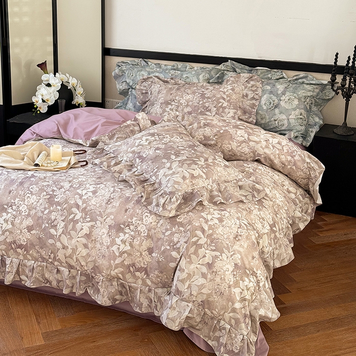 91家纺网 家纺一手货源 找家纺 窝米 2024春夏13376法式复古大花边数码款四件套系列 尘海-紫