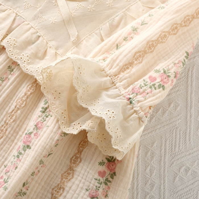 91家纺网 家纺一手货源 找家纺 （总）洛兰沙家居馆【只代发】【只代发】 2024新款温柔女碎花纯棉棉纱宽松双层纱布家居服半袖长裤三件套