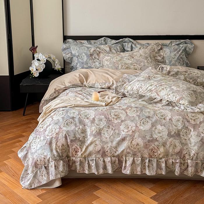 91家纺网 家纺一手货源 找家纺 窝米 2024春夏13376法式复古大花边数码款四件套系列 芙朵-粉