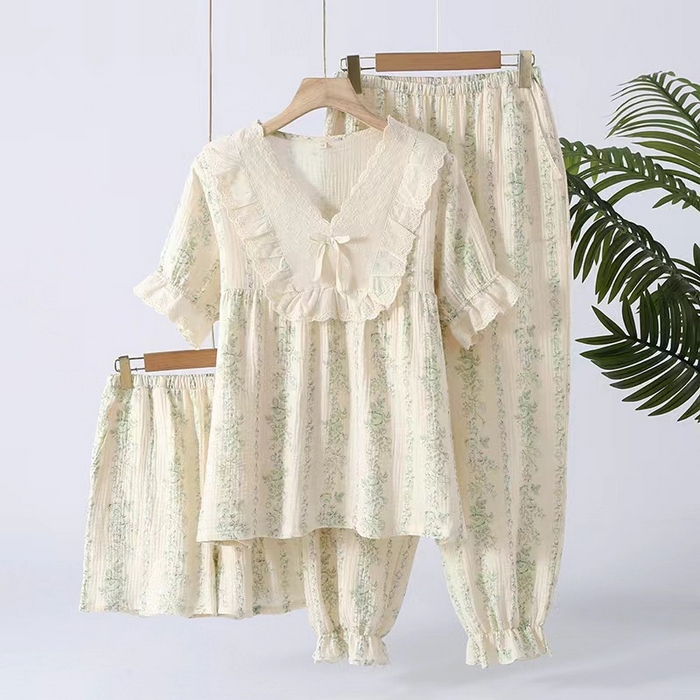 91家纺网 家纺一手货源 找家纺 洛兰沙家居馆【只代发】【只代发】 2024新款温柔女碎花纯棉棉纱宽松双层纱布家居服半袖长裤三件套 绿花纹