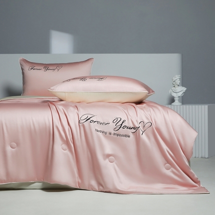 91家纺网 家纺一手货源 找家纺 典雅家纺 2025新款水洗真丝四件套刺绣夏被四件套夏凉被空调被 暖心粉-奶昔白