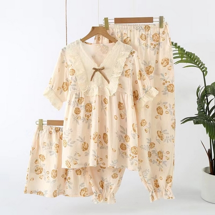 （总）洛兰沙家居馆【只代发】【只代发】 2024新款温柔女碎花纯棉棉纱宽松双层纱布家居服半袖长裤三件套
