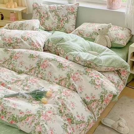 91家纺网 家纺一手货源 找家纺 （总）洺兰家居 2025年新款13372全棉印花四件套纯棉小清新北欧风花卉床单床笠款套件