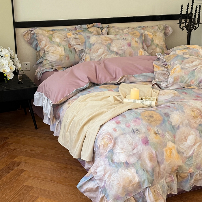 91家纺网 家纺一手货源 找家纺 窝米 2024春夏13376法式复古大花边数码款四件套系列 落梅-紫