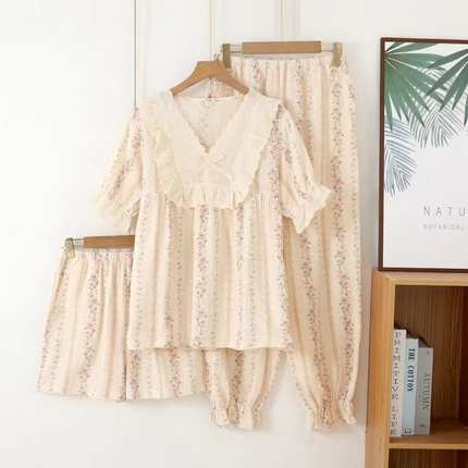 洛兰沙家居馆【只代发】【只代发】 2024新款温柔女碎花纯棉棉纱宽松双层纱布家居服半袖长裤三件套 粉花纹