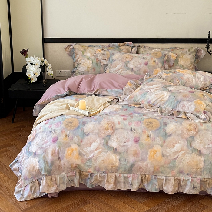 91家纺网 家纺一手货源 找家纺 窝米 2024春夏13376法式复古大花边数码款四件套系列 落梅-紫