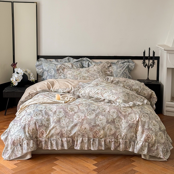 91家纺网 家纺一手货源 找家纺 窝米 2024春夏13376法式复古大花边数码款四件套系列 芙朵-粉