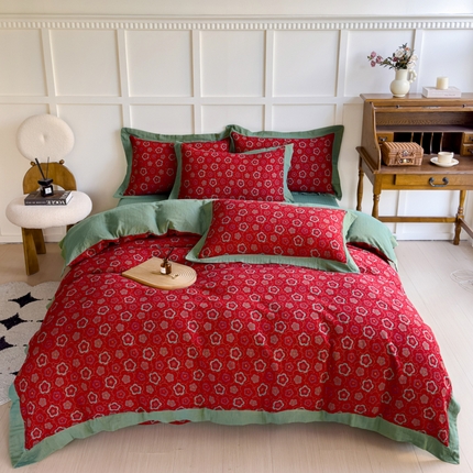 91家纺网 家纺一手货源 找家纺 （总）小欢喜 2024新款全棉色织双层纱大提花宽边款四件套