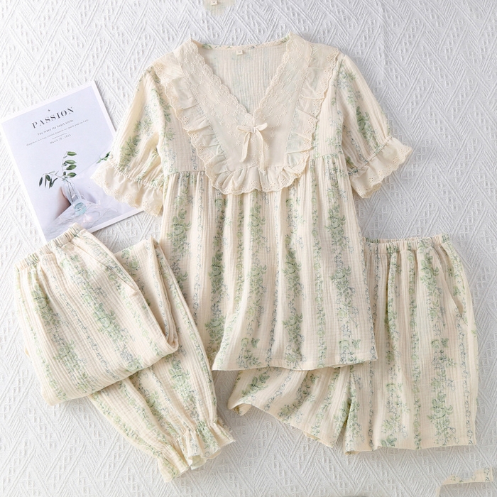 91家纺网 家纺一手货源 找家纺 洛兰沙家居馆【只代发】【只代发】 2024新款温柔女碎花纯棉棉纱宽松双层纱布家居服半袖长裤三件套 绿花纹