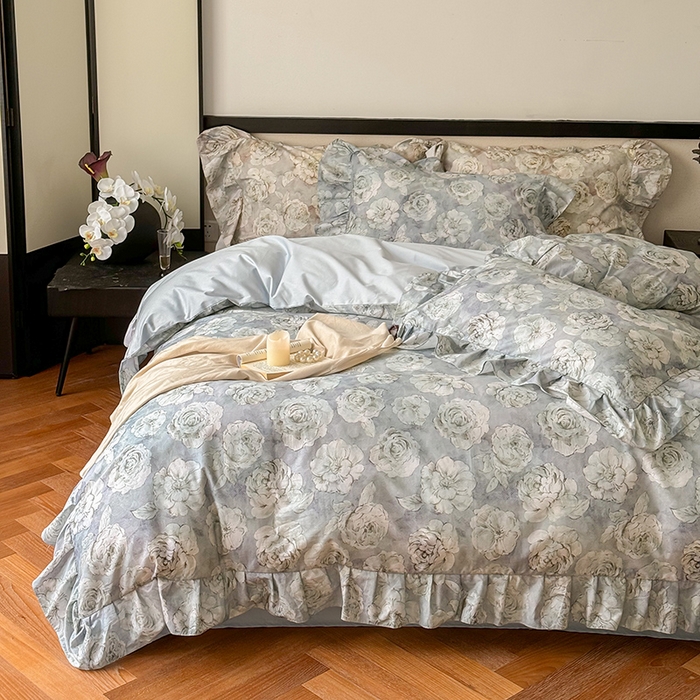 91家纺网 家纺一手货源 找家纺 窝米 2024春夏13376法式复古大花边数码款四件套系列 芙朵-绿