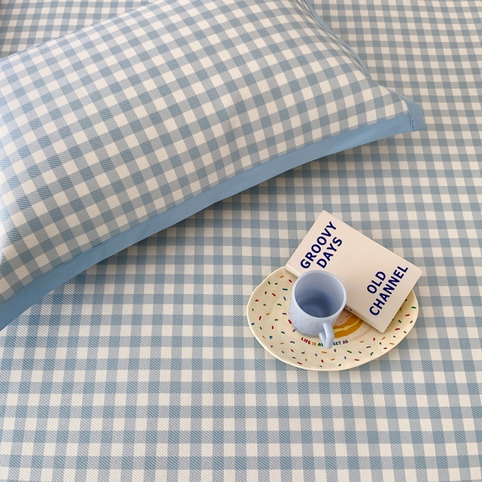 91家纺网 家纺一手货源 找家纺 昔可家纺 2024新款冰藤席床笠款--简约系列 格子蓝