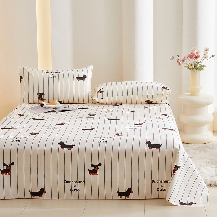 91家纺网 家纺一手货源 找家纺 怡家居 2024新款A类老粗布枕套床单床笠单品组合三件套 条纹腊肠狗