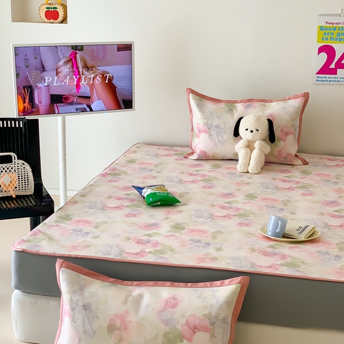 91家纺网 家纺一手货源 找家纺 昔可家纺 2024新款冰藤席床笠款--简约系列 彩色水彩花