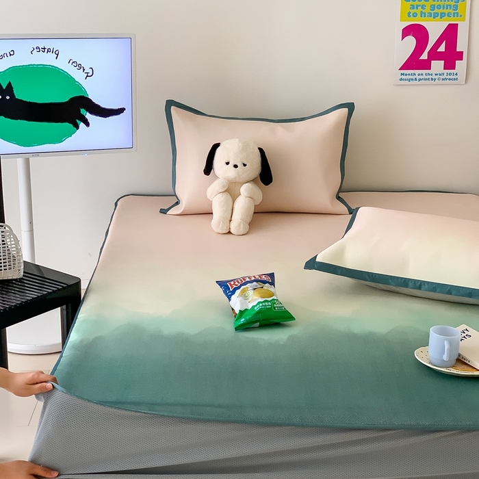 91家纺网 家纺一手货源 找家纺 昔可家纺 2024新款冰藤席床笠款--晕染系列 晕染绿