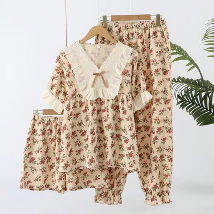 洛兰沙家居馆【只代发】【只代发】 2024新款温柔女碎花纯棉棉纱宽松双层纱布家居服半袖长裤三件套 卡其花