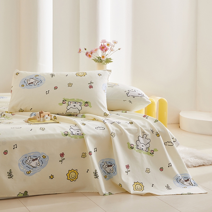 91家纺网 家纺一手货源 找家纺 怡家居 2024新款A类老粗布枕套床单床笠单品组合三件套 好心情