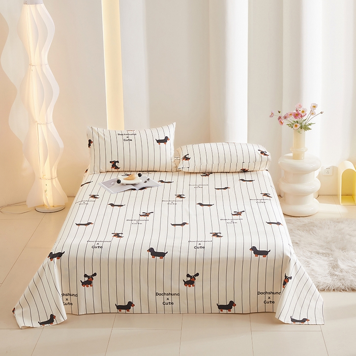 91家纺网 家纺一手货源 找家纺 怡家居 2024新款A类老粗布枕套床单床笠单品组合三件套 条纹腊肠狗