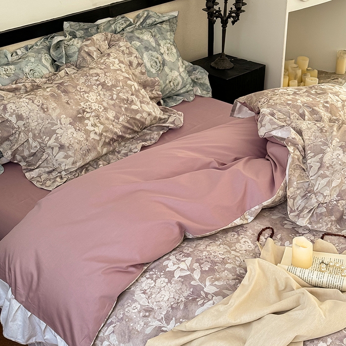 91家纺网 家纺一手货源 找家纺 窝米 2024春夏13376法式复古大花边数码款四件套系列 尘海-紫