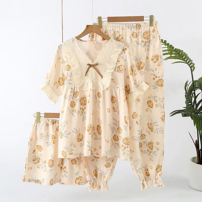 91家纺网 家纺一手货源 找家纺 洛兰沙家居馆【只代发】【只代发】 2024新款温柔女碎花纯棉棉纱宽松双层纱布家居服半袖长裤三件套 金玫瑰