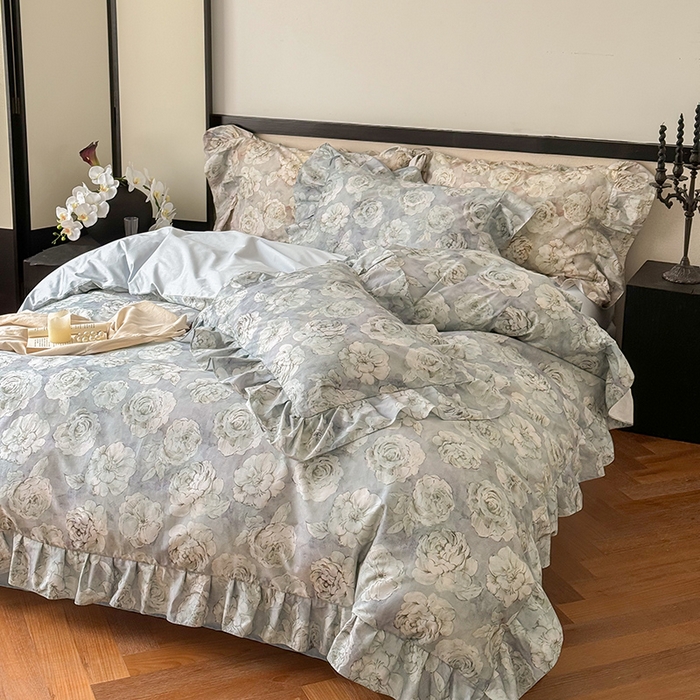 91家纺网 家纺一手货源 找家纺 窝米 2024春夏13376法式复古大花边数码款四件套系列 芙朵-绿