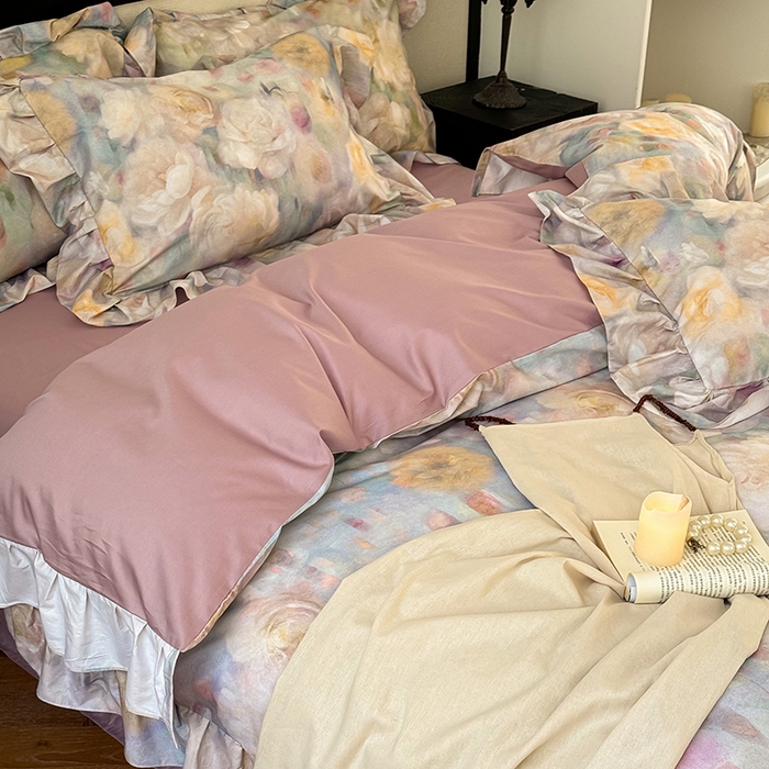 91家纺网 家纺一手货源 找家纺 窝米 2024春夏13376法式复古大花边数码款四件套系列 落梅-紫