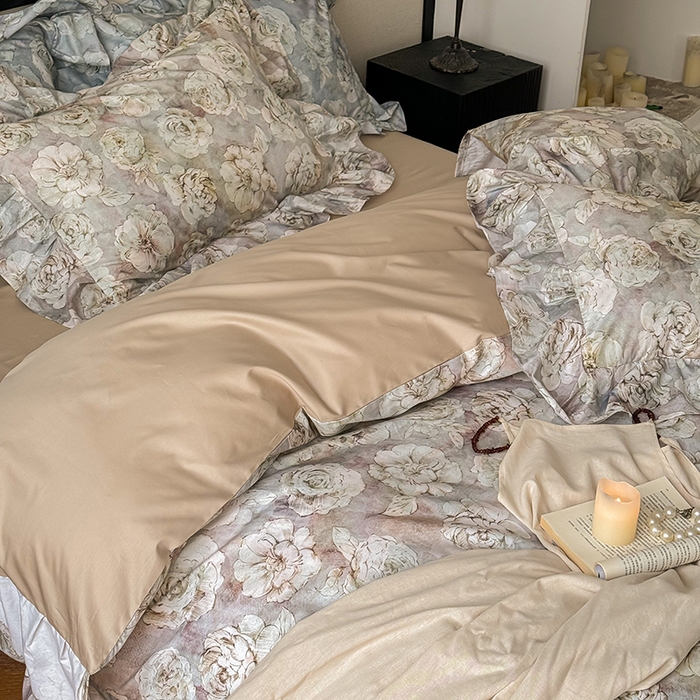 91家纺网 家纺一手货源 找家纺 窝米 2024春夏13376法式复古大花边数码款四件套系列 芙朵-粉