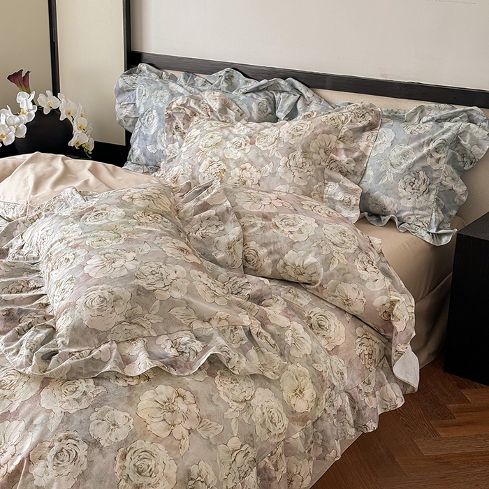 91家纺网 家纺一手货源 找家纺 窝米 2024春夏13376法式复古大花边数码款四件套系列 芙朵-粉