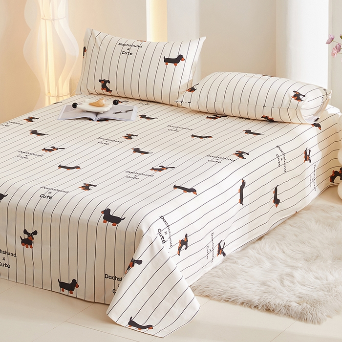 91家纺网 家纺一手货源 找家纺 怡家居 2024新款A类老粗布枕套床单床笠单品组合三件套 条纹腊肠狗