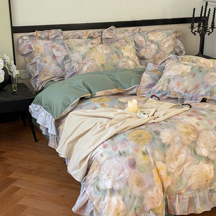 91家纺网 家纺一手货源 找家纺 窝米 2024春夏13376法式复古大花边数码款四件套系列 落梅-绿